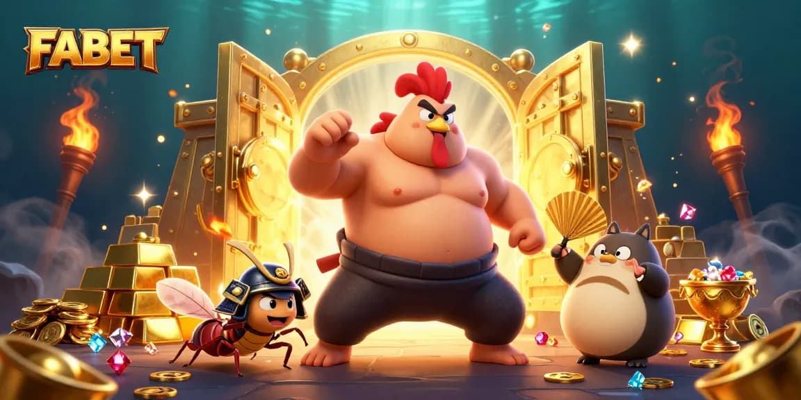 Join FABET's exciting battle in a vibrant 3D gaming scene featuring unique characters and treasures.