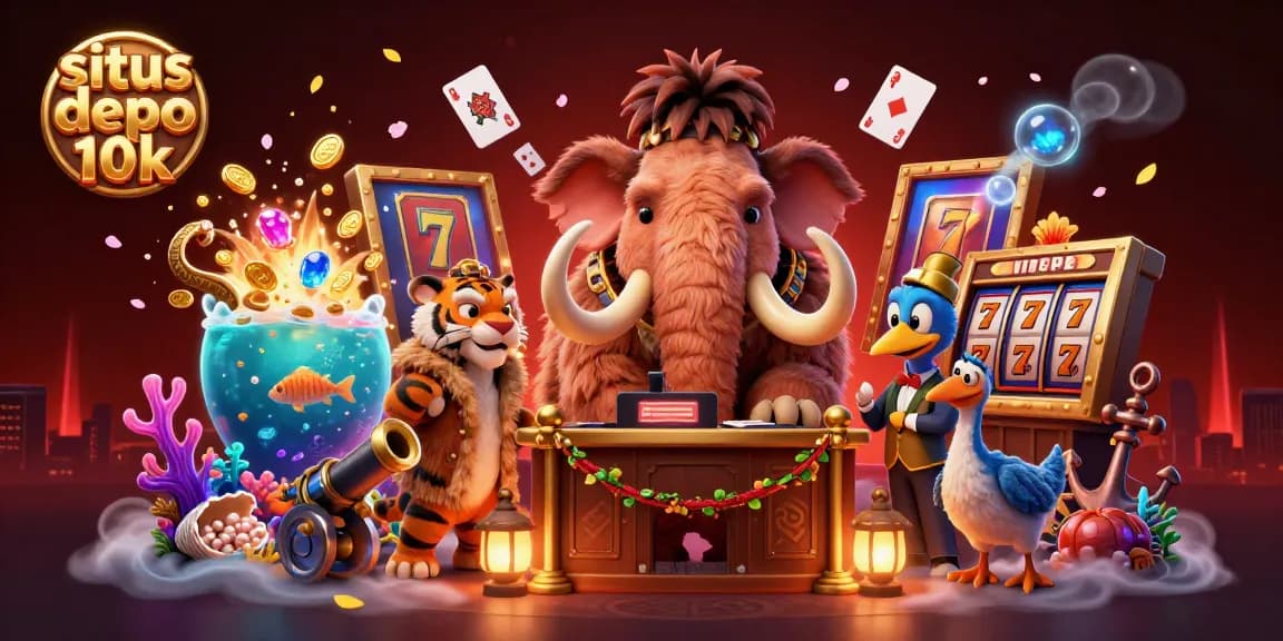 Engaging scene of situs depo 10k casino with a mammoth bouncer and tiger VIP checking in, showcasing dynamic slot elements.