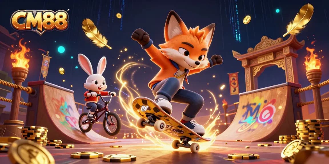 Experience thrilling gameplay at CM88 with a vibrant 3D casino illustration depicting lively characters.