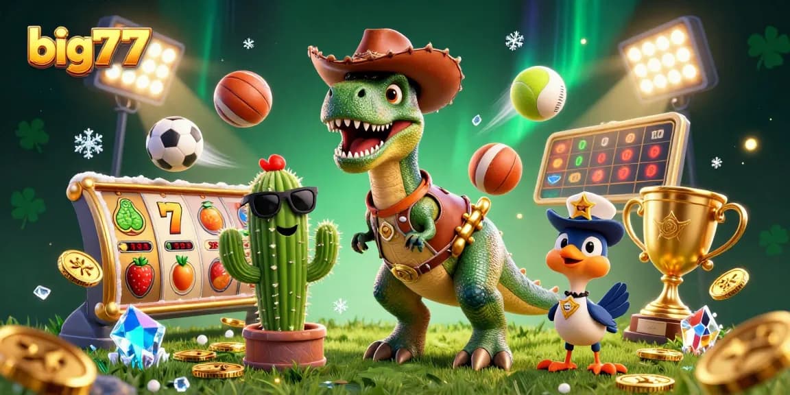 Spin the big777 slots to win big prizes surrounded by animated characters and vibrant casino elements.
