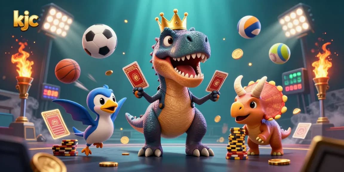 KJC showcases a colorful 3D illustration with a T-Rex and a pterodactyl shuffling cards for an exciting casino game.
