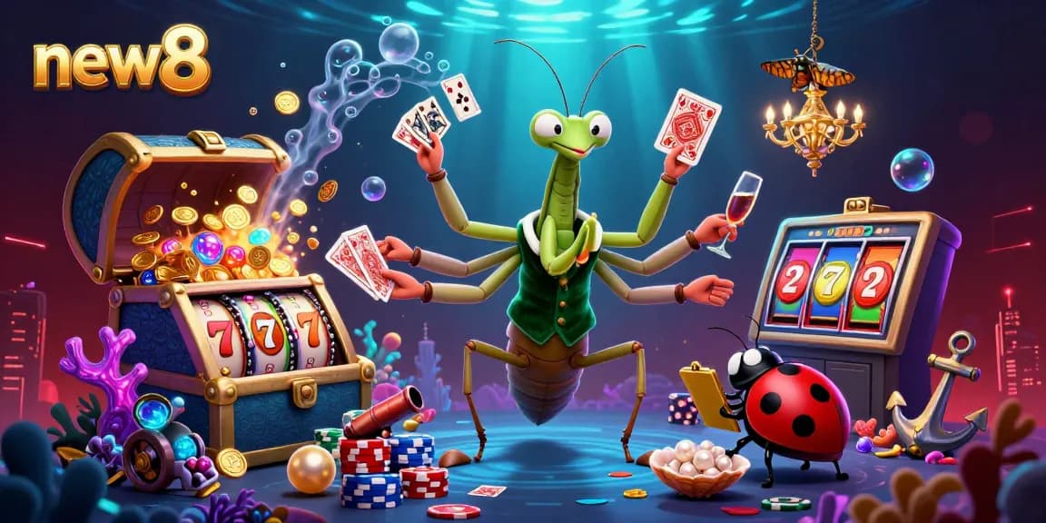 Play thrilling games at new8 with lively casino characters featuring impressive slot reels and vibrant treasures.