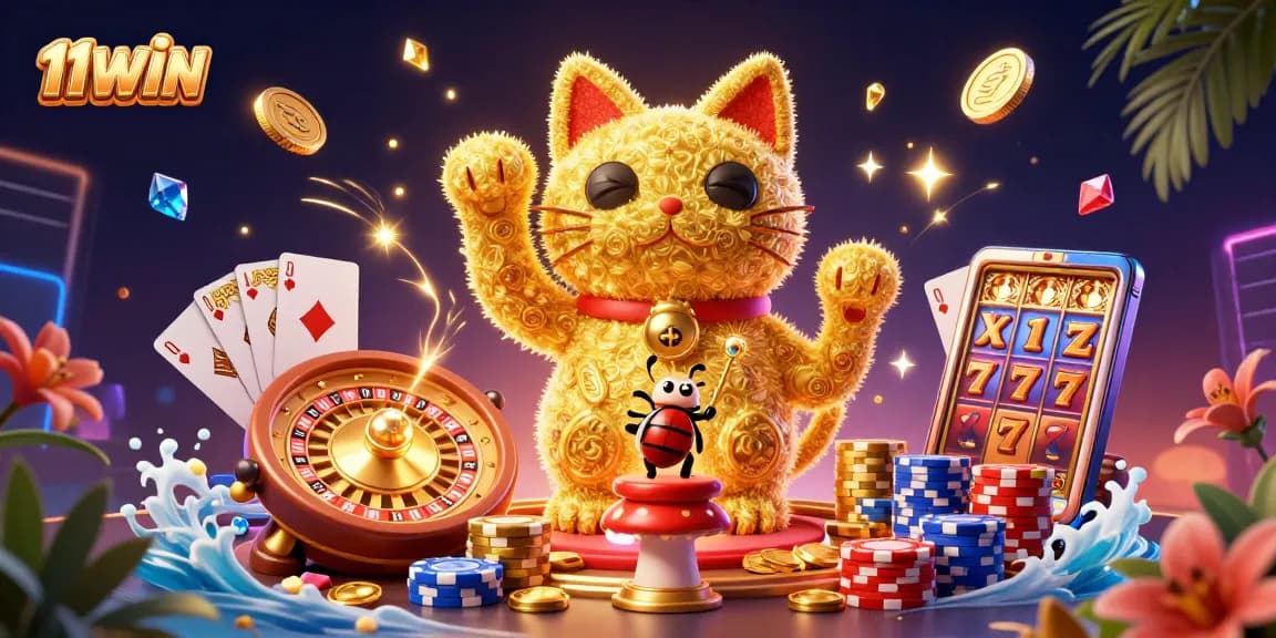 Engage with 11WIN's thrilling gaming experience featuring a vibrant lucky cat and casino symbols.