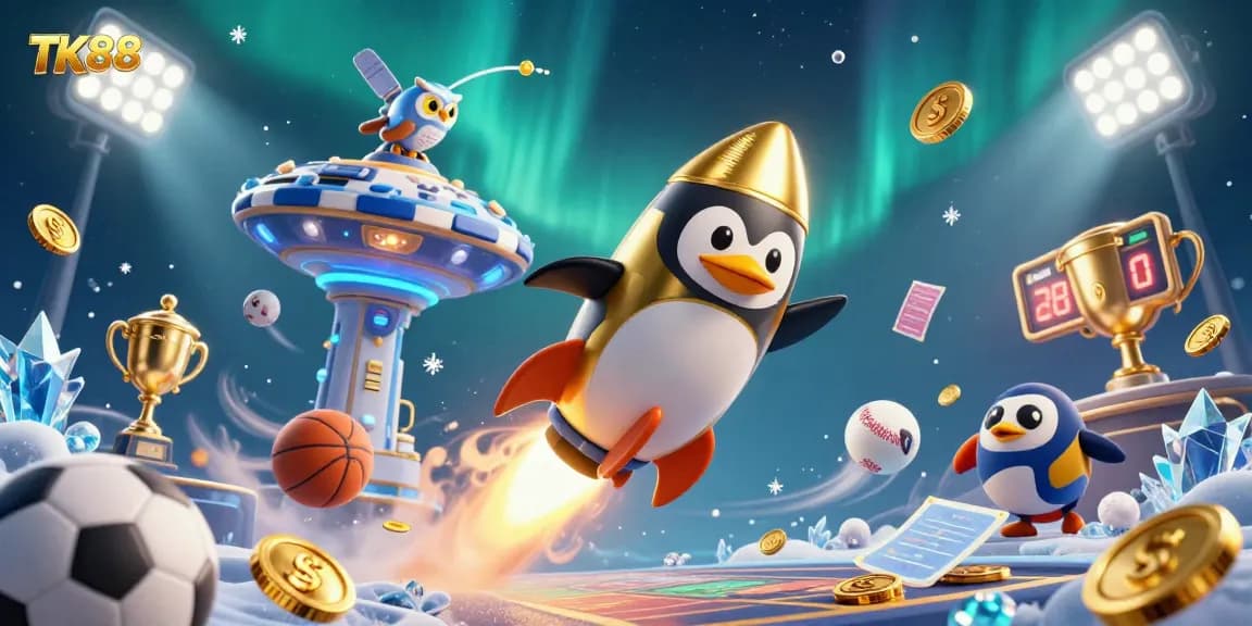 Experience the thrilling world of TK88 with a vibrant casino illustration featuring a rocket-powered penguin and dynamic sports elements.