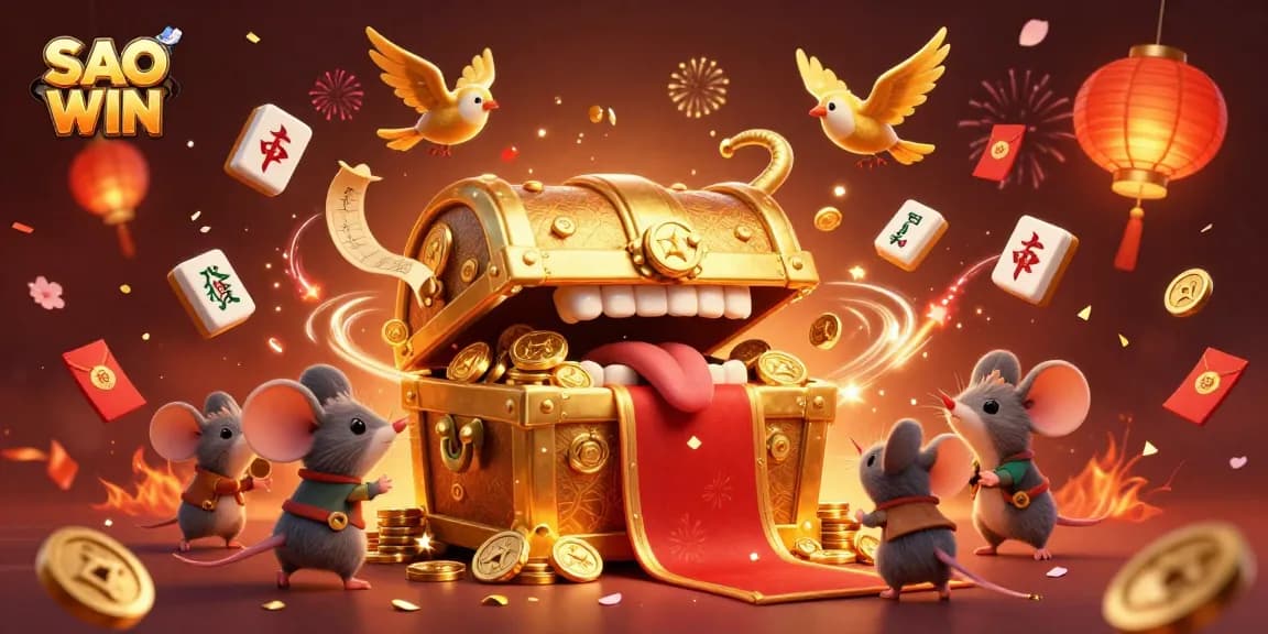 Join SAO WIN's thrilling adventure with a golden treasure chest and lucky symbols for endless fun!
