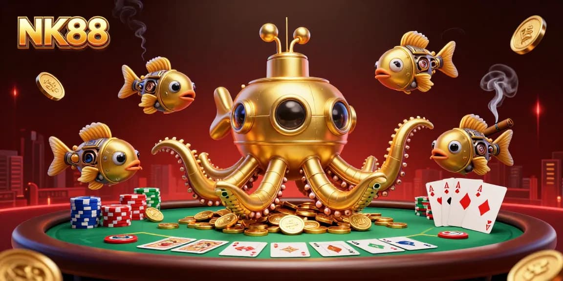 Experience thrilling gameplay at NK88's vibrant poker scene featuring a golden kraken submarine.