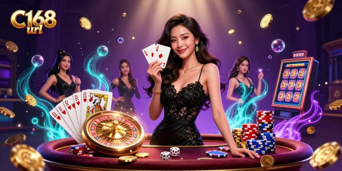 Experience the thrill at C168 url with a glamorous Asian woman showcasing her poker prowess in a vibrant casino.