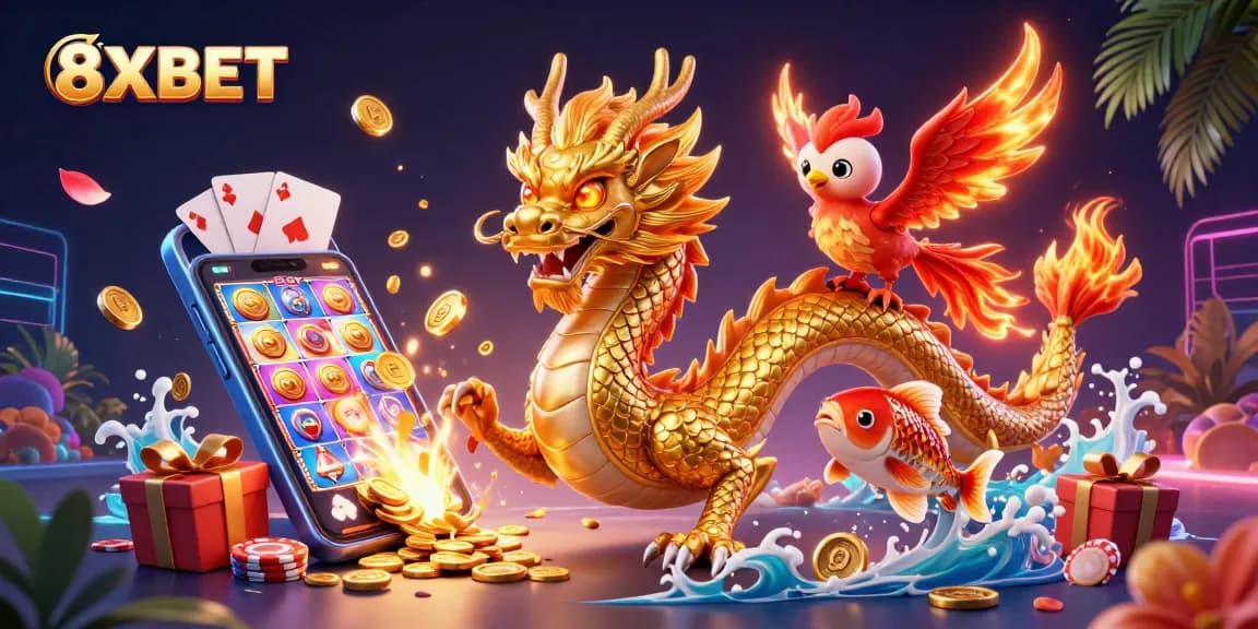 Experience thrilling wins at 8XBET with our dynamic casino adventure illustration featuring golden dragon and phoenix.