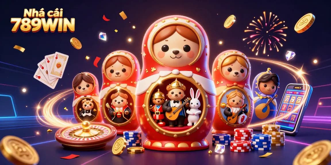 Engage with the thrill at Nhà cái 789WIN featuring casino games, golden coins, and vibrant characters.