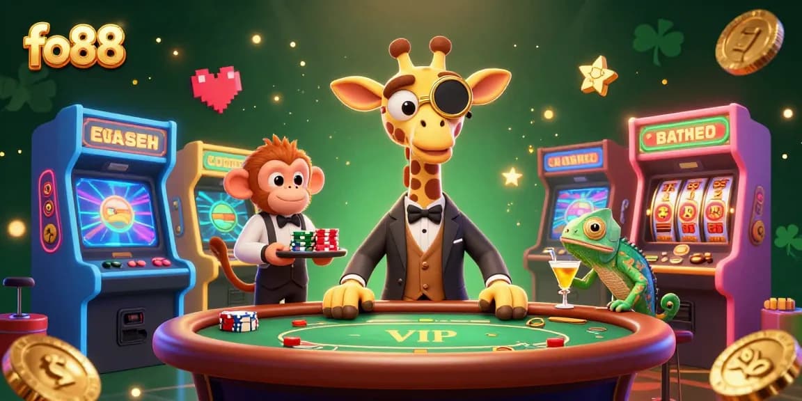 Experience fo88's vibrant casino world with a high-roller giraffe and dynamic game elements.