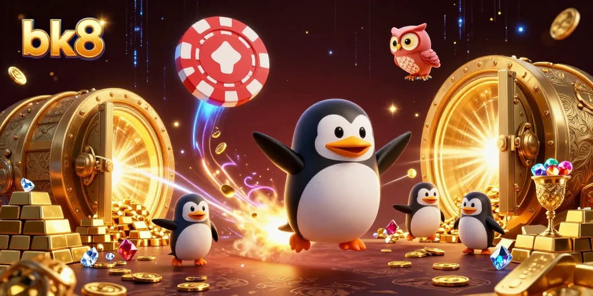 Spin for jackpots at bk8 with a golden penguin racing toward a dazzling casino space station.