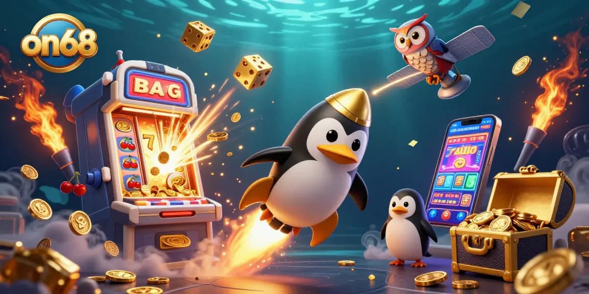 Engage with on68's thrilling gaming universe, featuring a golden penguin and exciting casino elements.