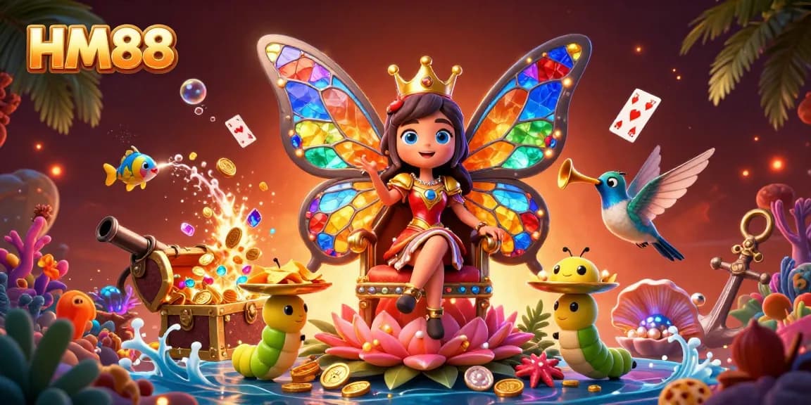 Experience the excitement of HM88 with vibrant 3D cartoon characters in a rich underwater casino scene.