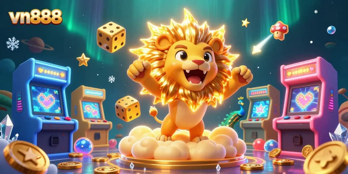 Experience the thrill of vn888 with a vibrant, dynamic 3D casino illustration showcasing games and rewards.