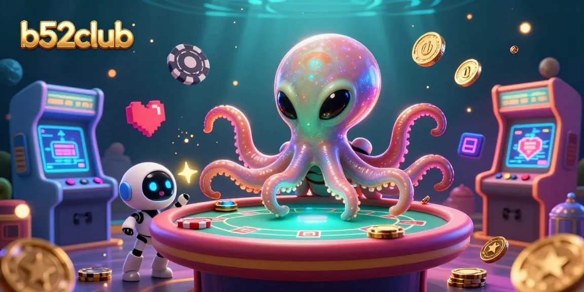 Experience the thrill of b52club with a vibrant 3D alien octopus navigating a holographic poker table amidst colorful casino game elements.