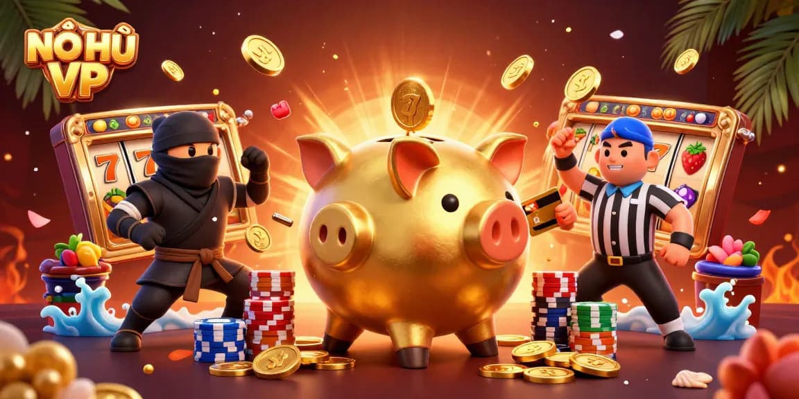 NỔ HŨ VP players rejoice as the golden piggy bank sumo wrestler triumphs amidst dazzling slot reels and coins.