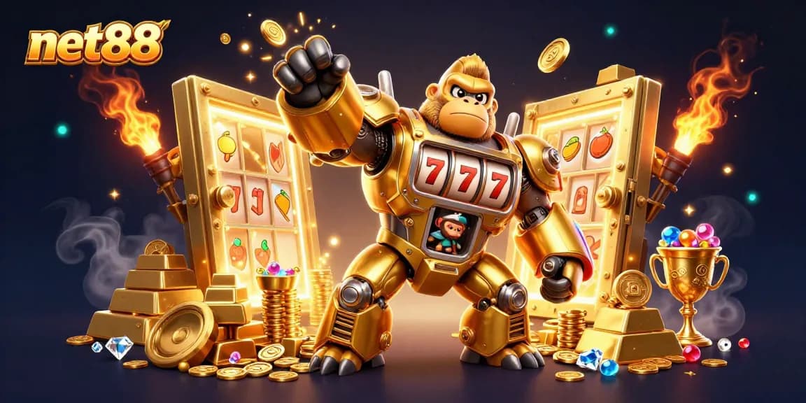 Experience thrilling gameplay with net88 featuring a golden gorilla mech and slot machine elements.