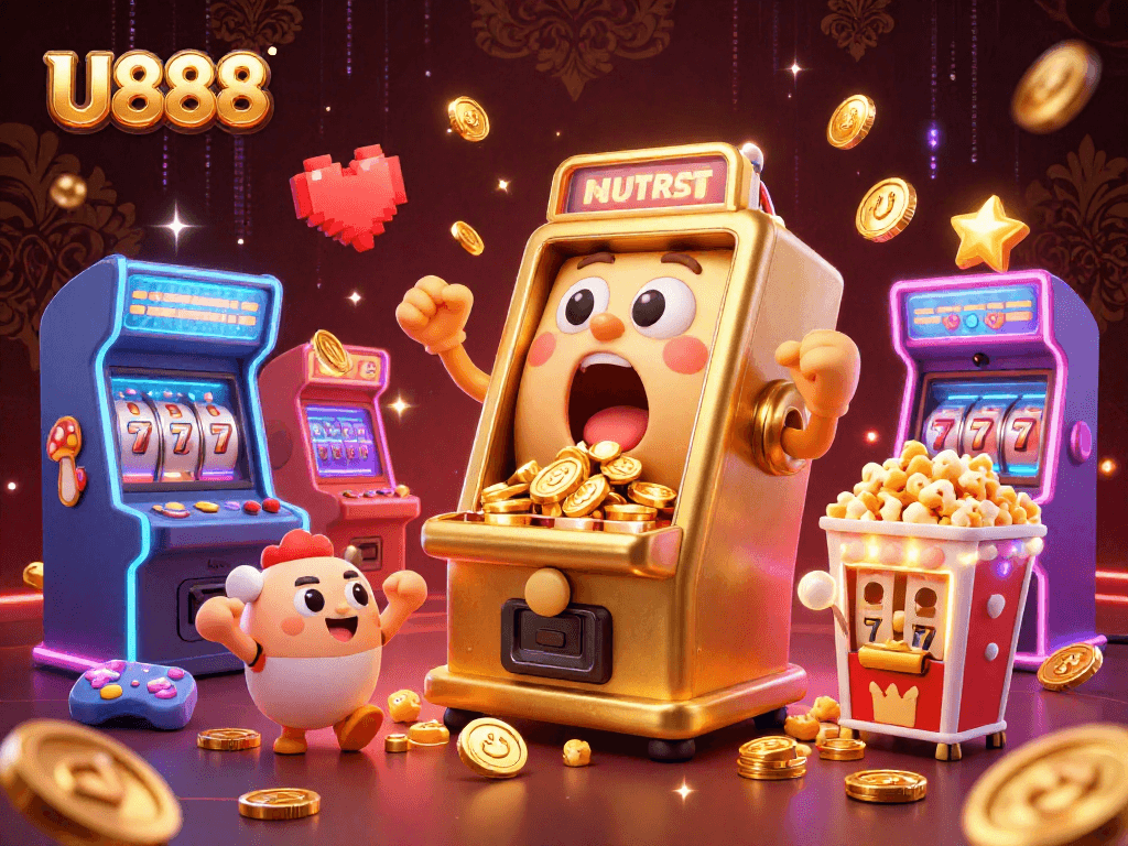 U888's thrilling slot machine wins with coins overflowing, capturing the excitement of gambling.