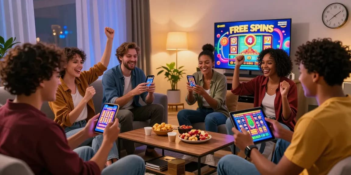 Friends enjoying free spins on registration UK at home, celebrating wins on mobile devices in a cozy setting.