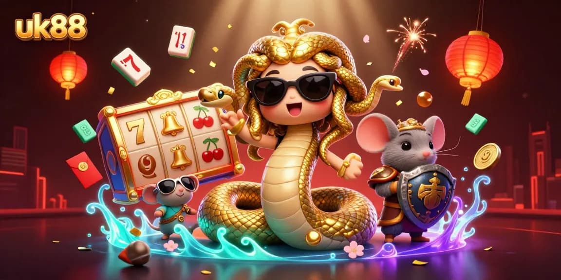 Engage with the exciting world of uk88 featuring intricate 3D casino elements like slot reels and a vibrant Medusa character.