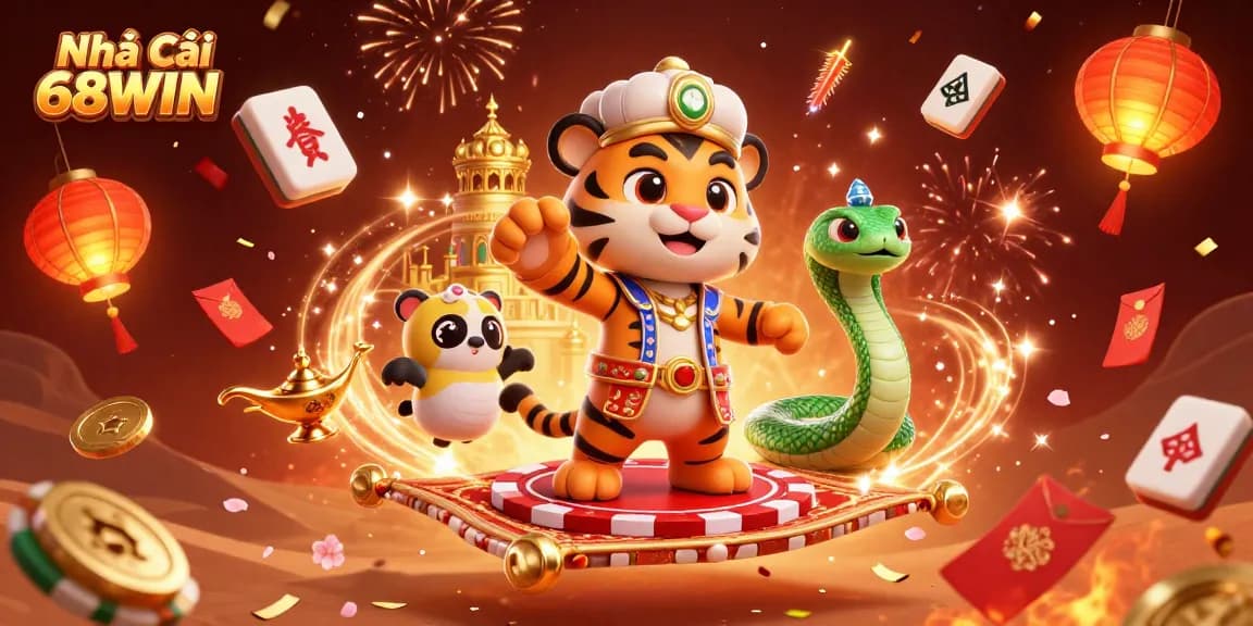 Engage with the excitement of Nhà Cái 68WIN through this vibrant 3D illustration showcasing a Tiger Sultan amidst casino elements.