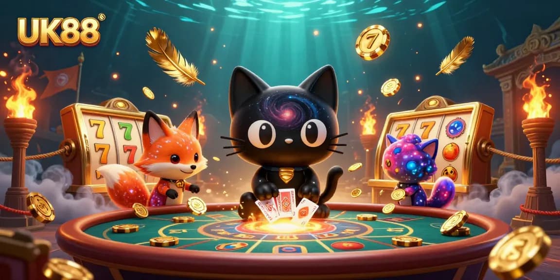 Engage in vibrant UK88 casino excitement as a cosmic cat pulls in golden chips and cards.