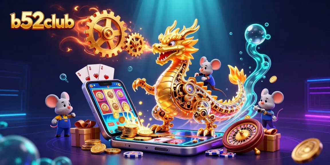 B52Club showcases thrilling slot games with an exciting dragon and golden coins in an engaging casino scene.