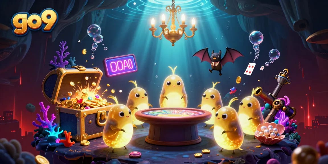 Experience go9's vibrant casino atmosphere with illuminated glowworms and bat dealer in this underwater-themed illustration.