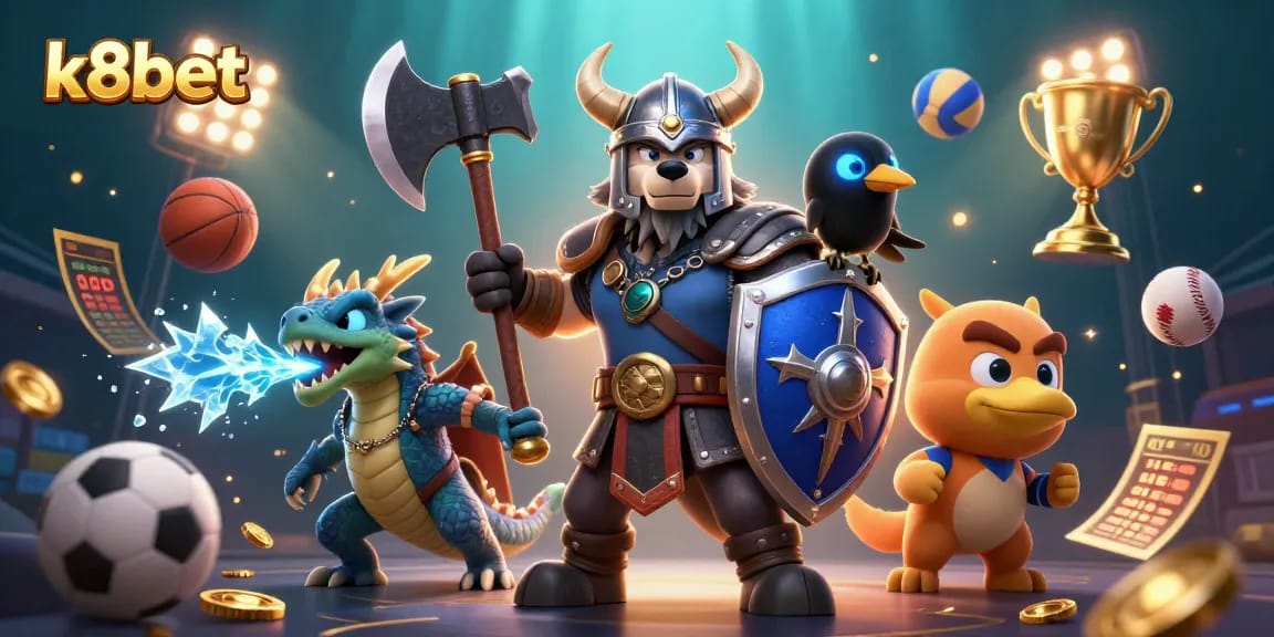 Engage with k8bet's thrilling gaming experience featuring a Viking warrior, dragon, and dynamic sports elements.