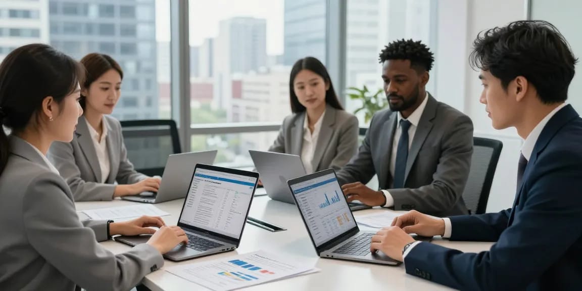 Consultation on merchant cash advance rates with a diverse team in a modern office setting, analyzing financial charts.