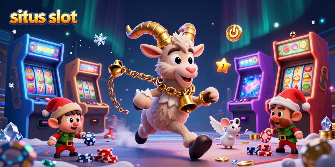Engage with exciting situs slot action featuring Krampus, an angel mouse, and elf gremlins in a dynamic casino scene