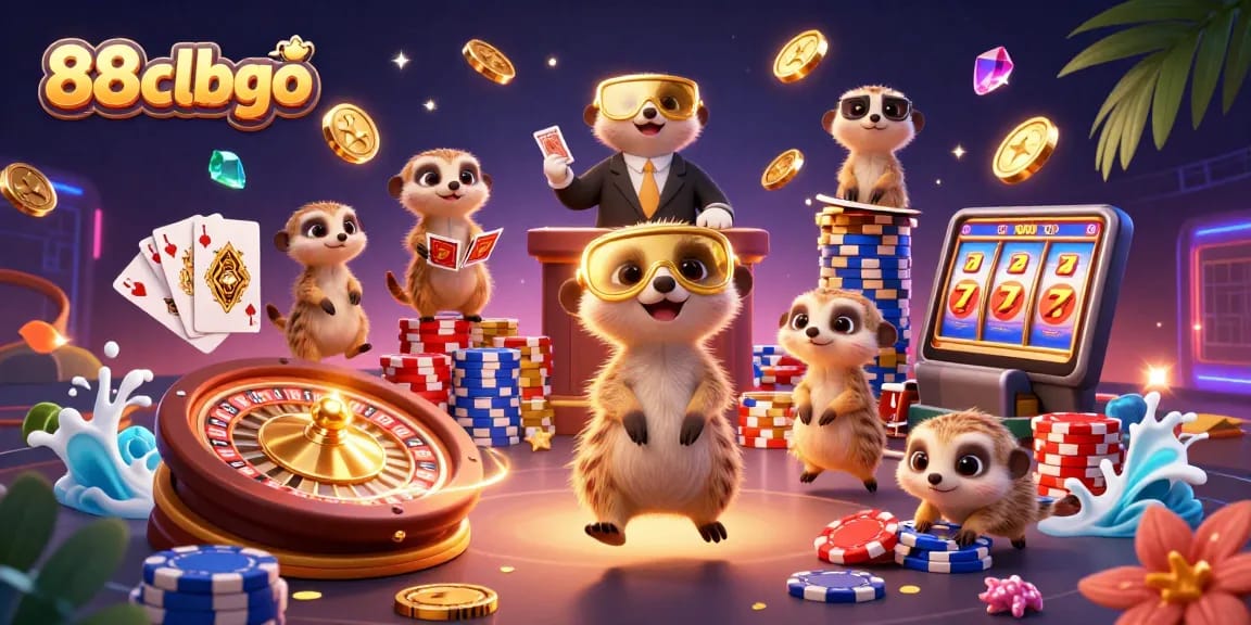 88clbgo meerkats managing a vibrant casino, surrounded by sparkling prizes and dynamic gameplay elements.