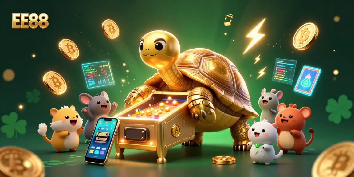 EE88 engaging in thrilling gaming at an illustrated casino filled with vibrant crypto elements.