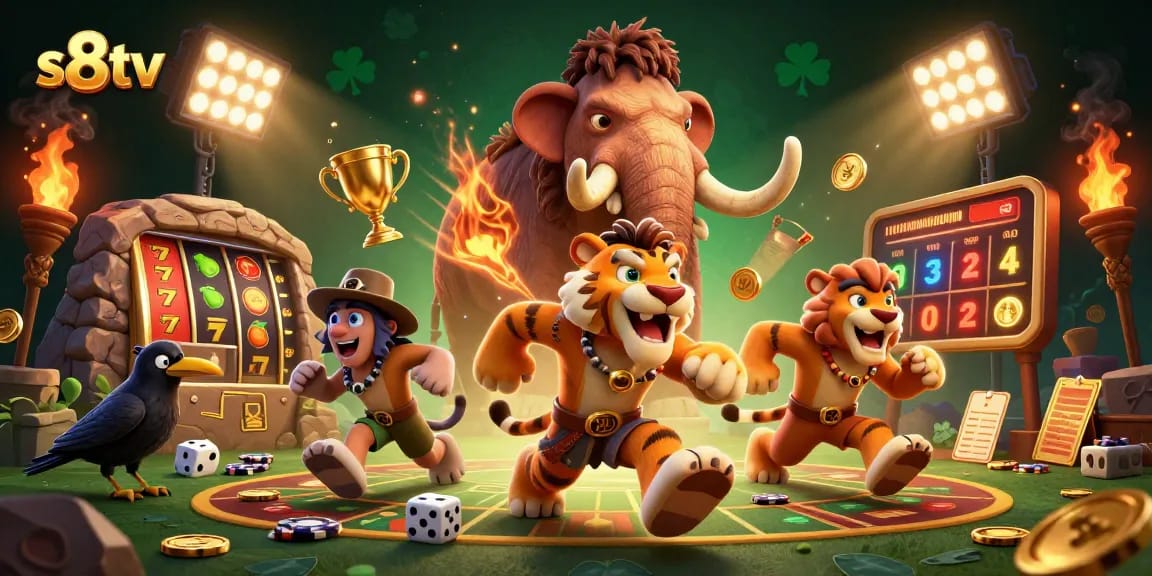 Engage with the thrilling world of s8tv in this vibrant casino landscape featuring playful characters.