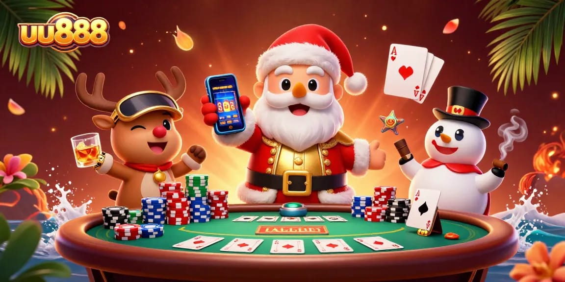 Engage with the exciting world of uu888 casino featuring a festive scene with Santa, reindeer, and poker-themed elements.