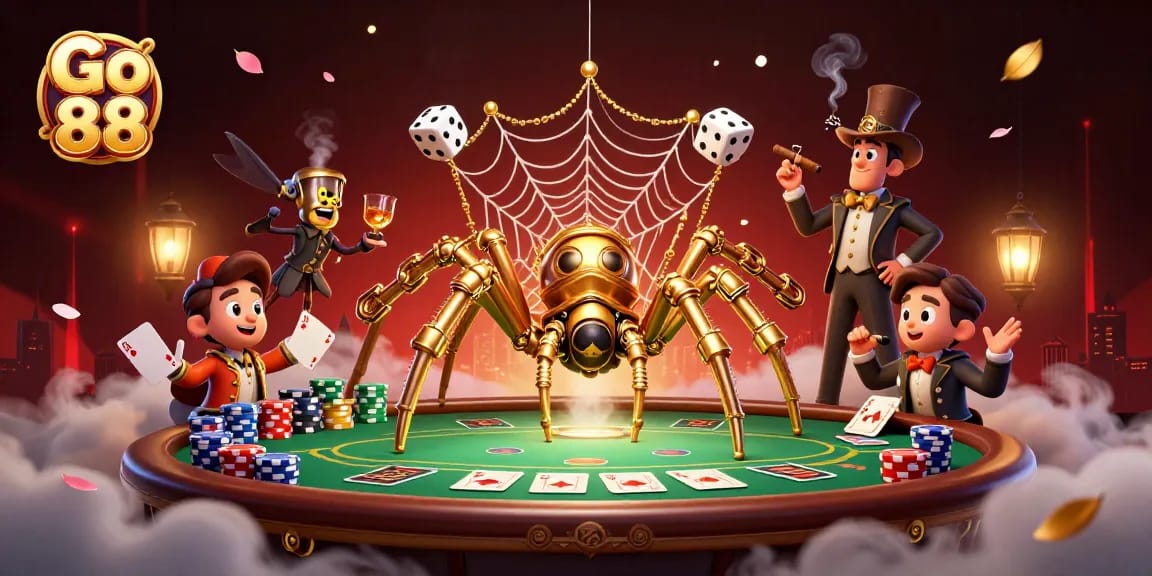 Engage with Go 88 in an immersive 3D steampunk casino scene, showcasing vibrant poker elements.