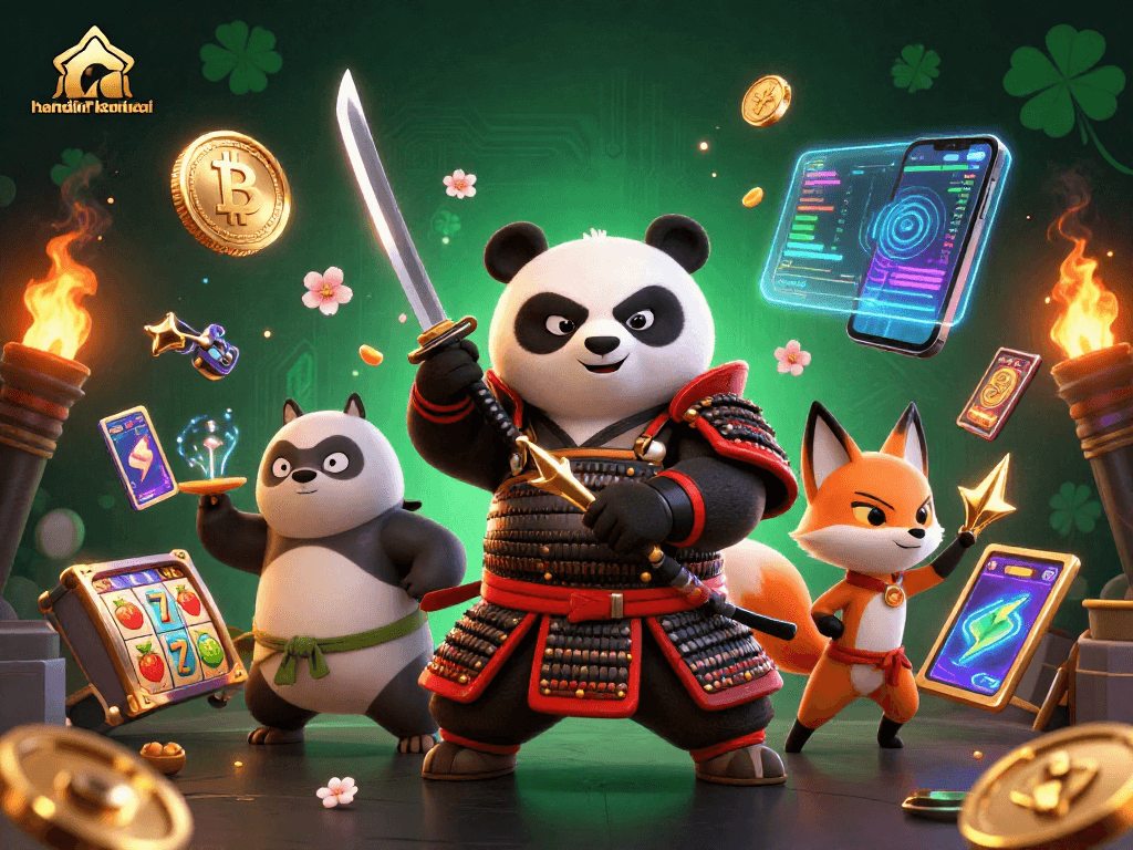 Engage with nhandinhkeonhacai's vibrant casino action featuring a samurai panda and crypto elements.