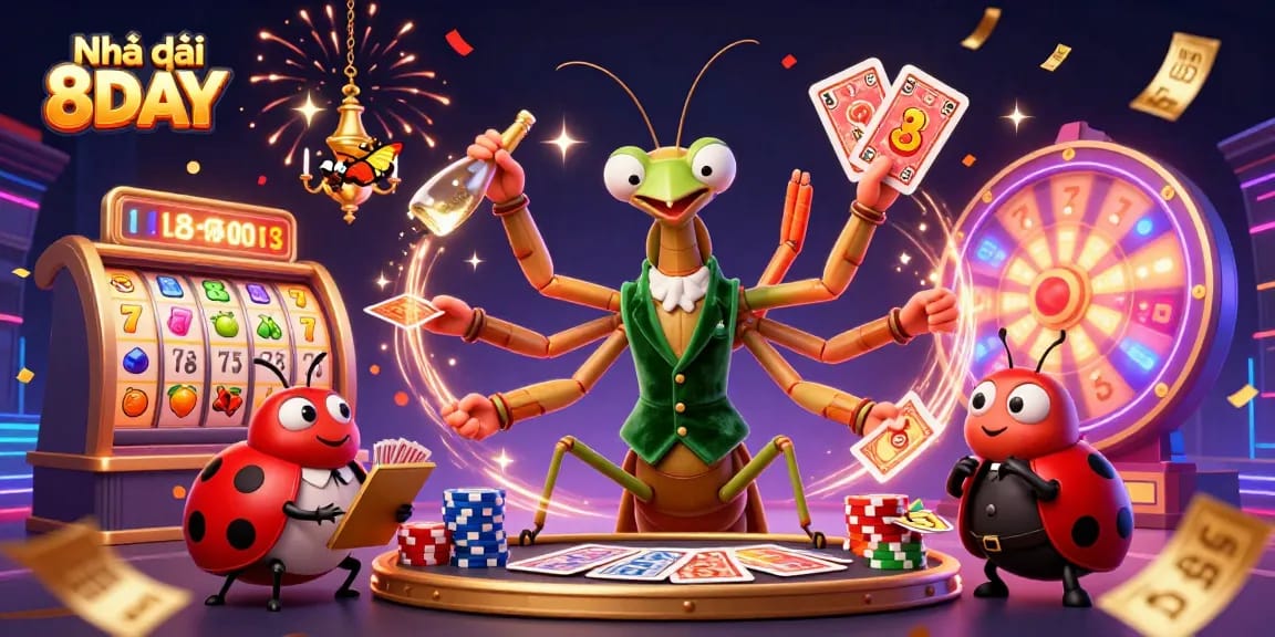 Experience the excitement at Nhà cái 8DAY with vibrant casino elements and engaging characters in a thrilling illustration.
