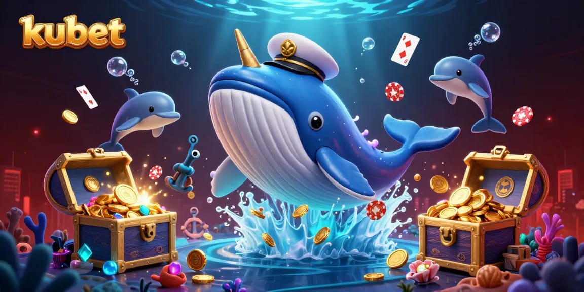 Kubet's thrilling scene shows a cartoon whale captain breaching through coins with dolphins and a narwhal, symbolizing engaging gambling.