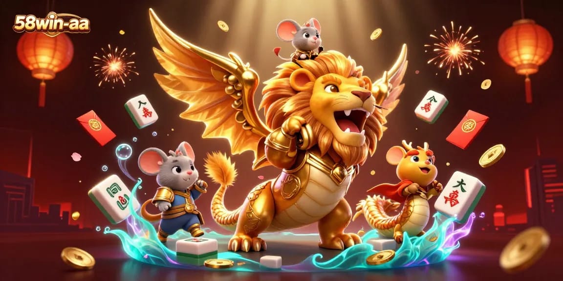 Experience the thrilling world of 58win-aa with a vibrant 3D chimera and festive casino elements.