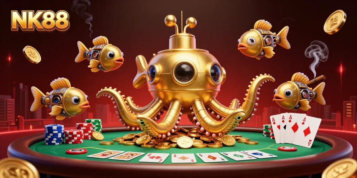 Experience thrilling gameplay at NK88's vibrant poker scene featuring a golden kraken submarine.