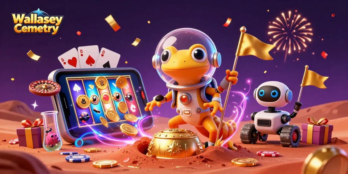 Engaging 3D scene featuring Wallasey Cemetery with a Martian gecko exploring a dazzling casino.