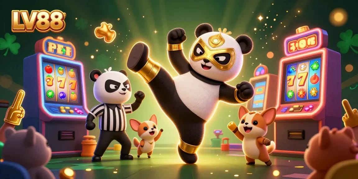 Engage with LV88 by enjoying an exciting slot game scene featuring animation, vibrant casino elements, and thrilling action.