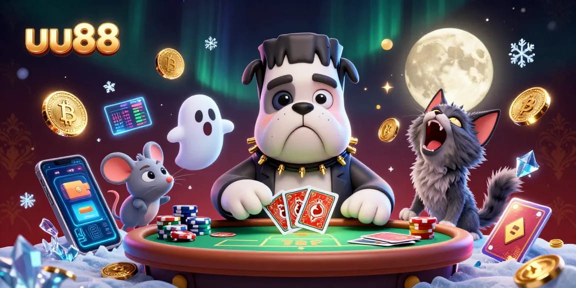 uu88 players enjoying intense card games at a spooky casino table with unique characters.