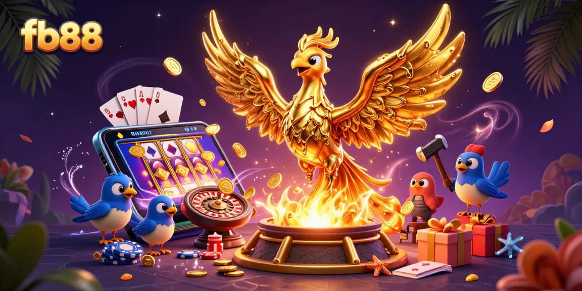 Experience winning excitement with fb88, featuring a golden phoenix and dynamic casino elements.