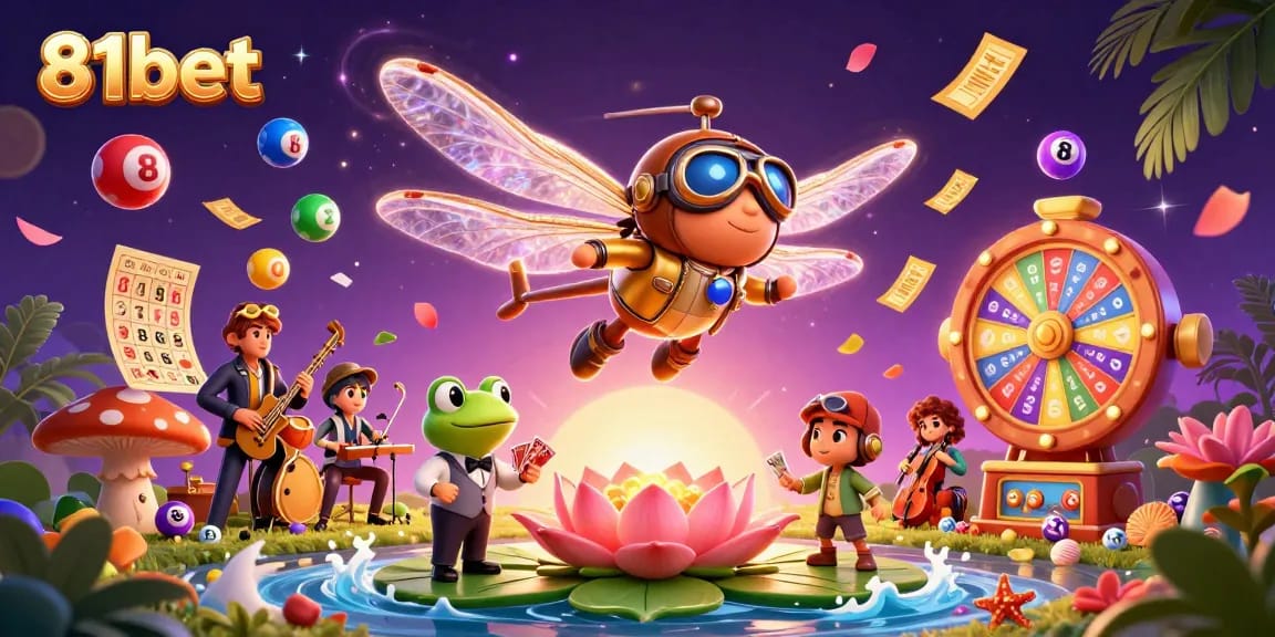 Engage with 81bet's vibrant casino scene showcasing a dragonfly pilot, frog dealer, and lively jazz musicians.
