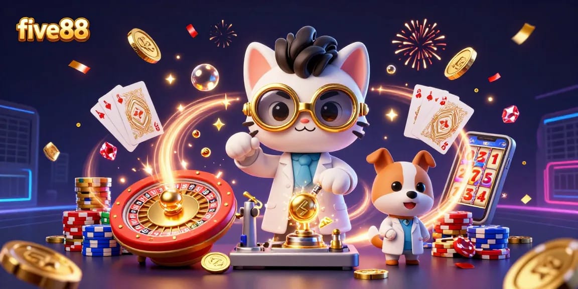 Experience excitement with five88 as the mad scientist cat introduces gold-coin magic in a vibrant casino
