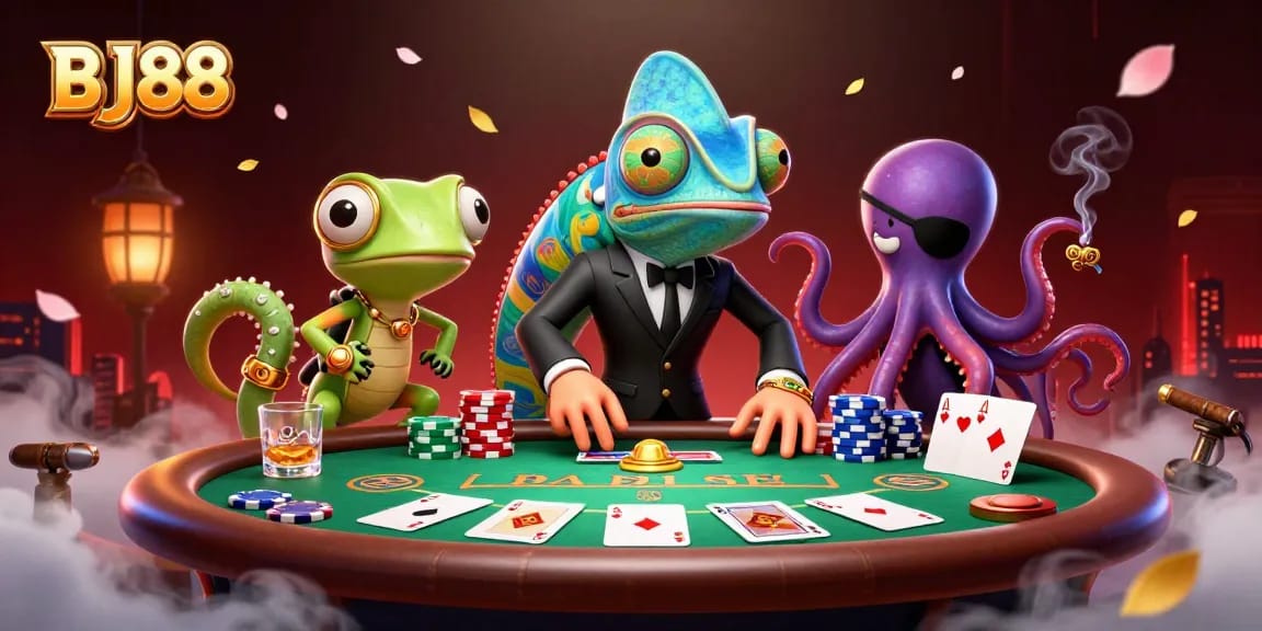 Place bets at BJ88 with an action-packed poker scene featuring vibrant characters and game elements.