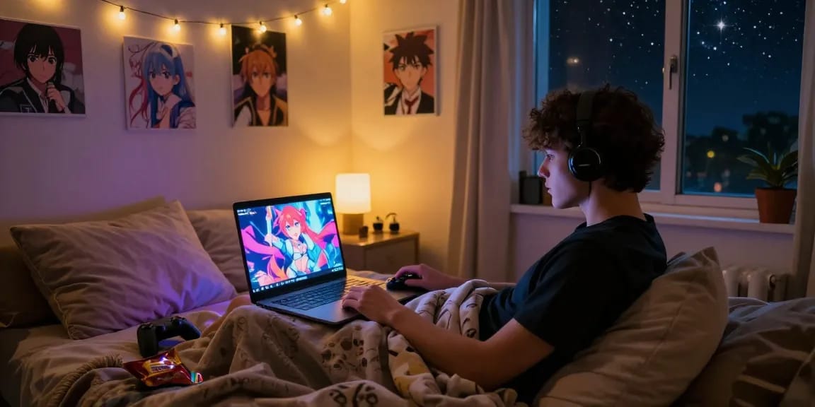 Player immersed in online ecchi games in cozy bedroom setting, showcasing vibrant characters and ambient lighting.