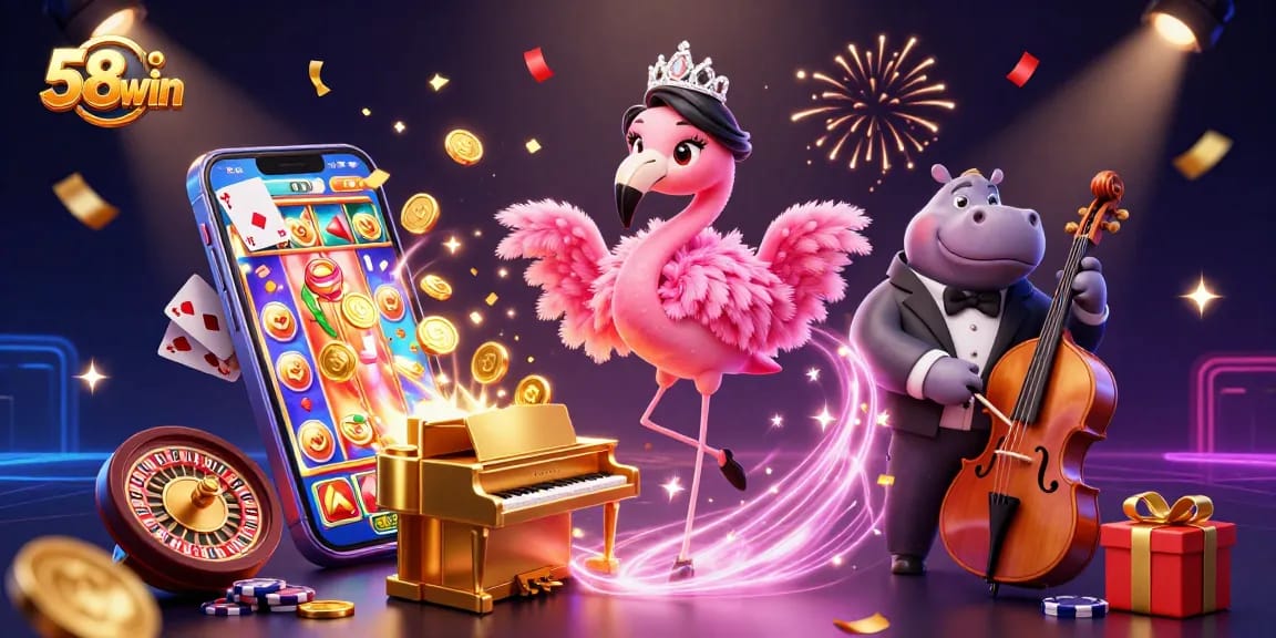 Experience thrilling games at 58win with vibrant characters, exciting casino elements, and dynamic ambiance.